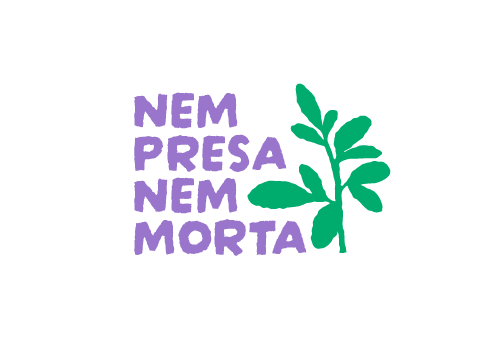 Logomarca da Nem Presa Nem Morta, composta pelo nome escrito em lilás e uma ilustração de folha de arruda em verde.