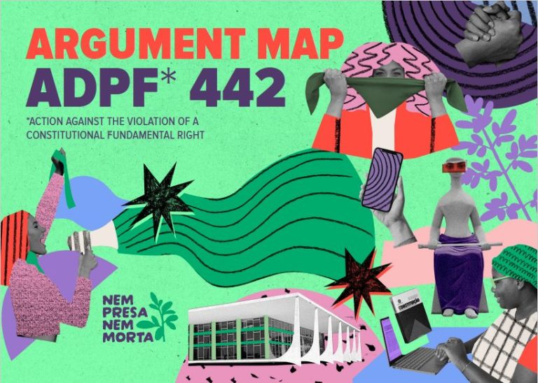 Fundo verde com diversas ilustrações em estilo colagem que remetem à temática do judiciário brasileiro e da luta pelo aborto. No canto superior esquerdo diz: "Argument Map: ADPF 442"