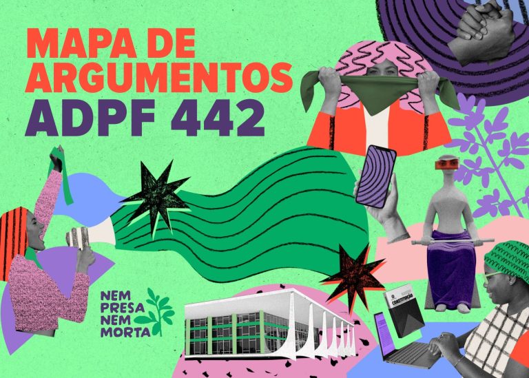Fundo verde com diversas ilustrações em estilo colagem que remetem à temática do judiciário brasileiro e da luta pelo aborto. No canto superior esquerdo diz: "Mapa de Argumentos ADPF 442"