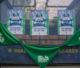 Parte traseira de um carro de som, onde estão dispostos lenços verdes e alguns cartazes da ação "Carro do óvulo".