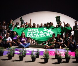 Foto de mulheres segurando um lenço verde gigante na frente do Museu Nacional da República. Em primeiro plano, várias mudas de arrudas estão dispostas.