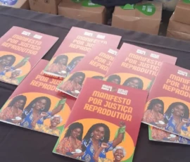 Bibiane Serpa / Acervo Nem Presa Nem Morta Foto do livreto do Manifesto por Justiça Reprodutiva em cima de uma mesa.