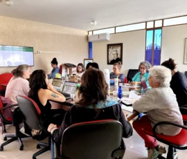 Foto de uma sala de reunião, com mulheres em cadeiras de escritório em volta de uma mesa. Em cima dela, computadores e papéis. Na parede uma televisão e quadros.