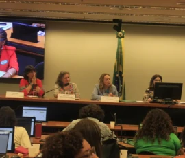 Foto da bancada com cinco mulheres sentadas, elas olham pro público enquanto uma delas fala ao microfone. Na bancada, plaquinhas de identificação, um monitor preto e dois microfones de mesa. Ao fundo, um telão e a bandeira do Brasil. À frente delas, aparecem as costas e os cabelos de pessoas sentadas.