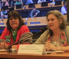 Fotos de duas ativistas sentadas em uma mesa. Uma delas fala ao microfone, tem cabelos grisalhos longos, um copo de água próximo e uma pequena placa com seu nome: Carla Angelini - Católicas pelo Direito de Decidir. Ao seu lado, a ativista Paula Viana de óculos de grau, blusa vermelha e lenço verde no pescoço. Atrás delas, um telão.