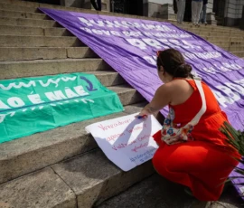 Natália Elmor Foto de uma escadaria na qual estão estendidas uma bandeira roxa grande e outra verde, com a frase "Criança não é mãe". Uma mulher de vestido vermelho está agachada em frente à escada, em que coloca um cartaz que tem a frase "vereadores que apoiam tortura e violência contra gestatntes!".