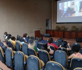 Foto de audiótio com uma pequena platéia de costas e a projeção em telão do filme "uma mulher comum".